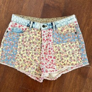 Farm Rio Ultra High Rise Floral Patchwork Button Fly Jean Shorts